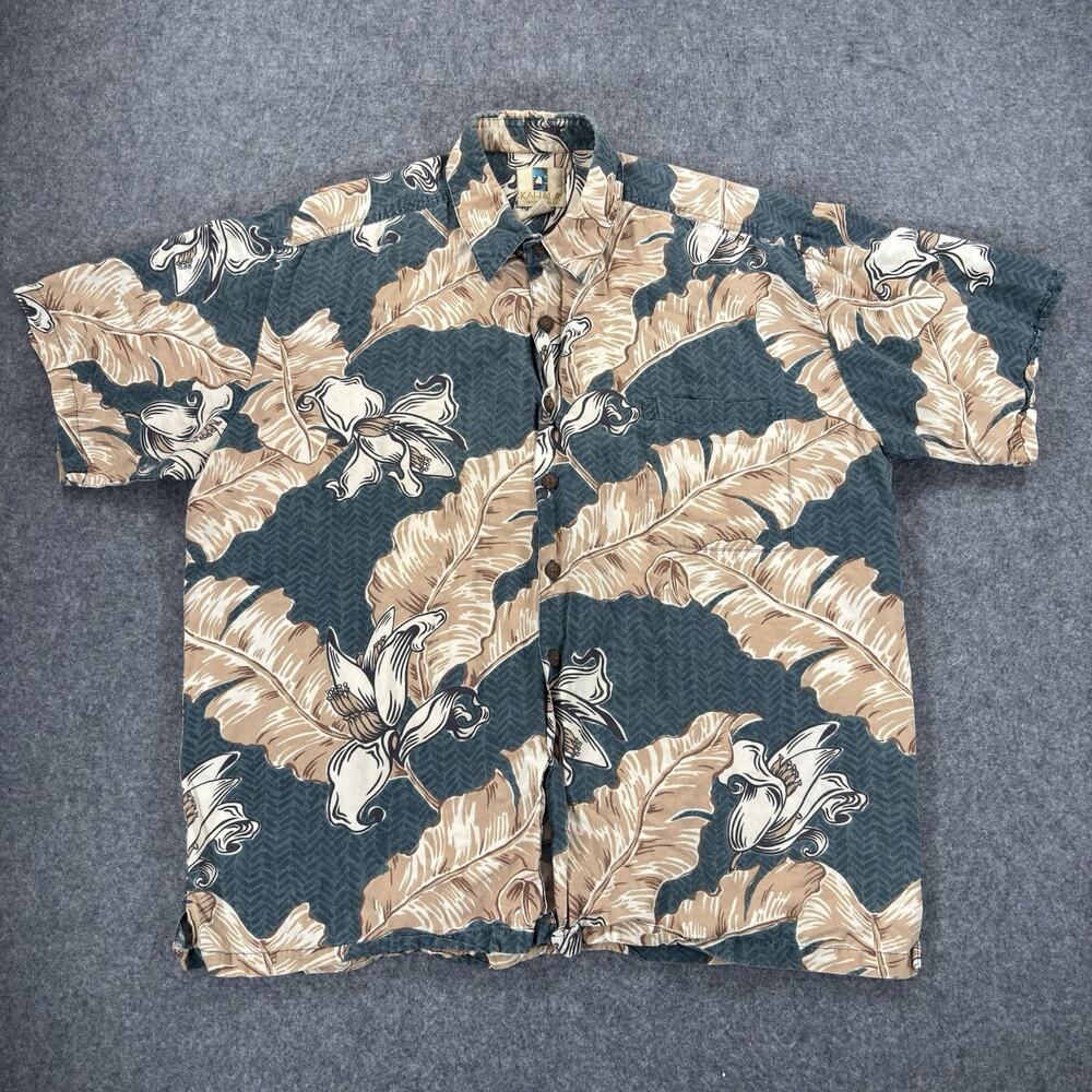 Kahala Hawaiian Shirt XL Banana Leaf Tropical Floral Green Tan Rayon Blend